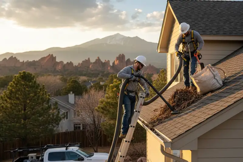 Technicians cleaning gutters at Colorado Springs home with pro equipment | Next Level Exteriors