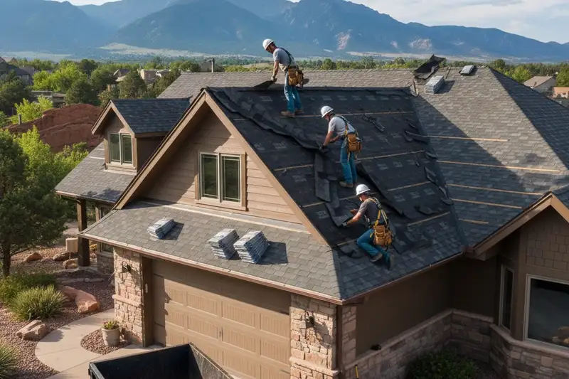 Roofing crew installing new shingles on Colorado Springs home by Next Level Exteriors roofing experts
