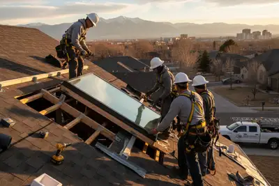 Technicians installing skylight on Colorado Springs home roof | Next Level Exteriors vinyl siding experts