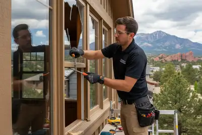 Technician performing expert window repair at Colorado Springs home for Next Level Exteriors vinyl siding services