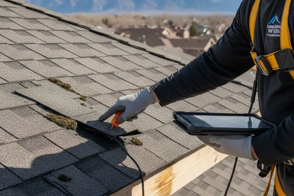 Technician inspecting roof damage close-up in Colorado Springs CO for Next Level Exteriors vinyl siding services