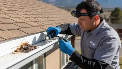 Technician performing detailed gutter inspection at Colorado Springs, CO home for Next Level Exteriors