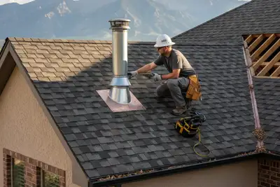 Roofing specialist performing detailed roof inspection at Colorado Springs home for vinyl siding company
