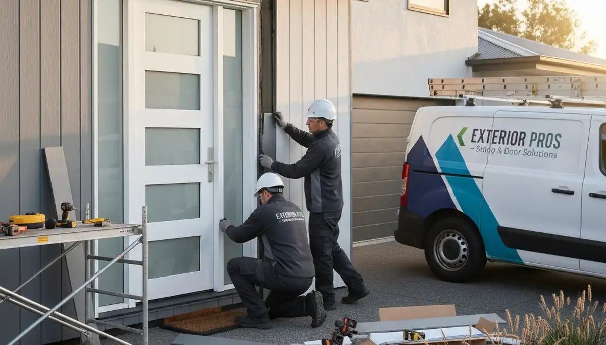 Technician repairing vinyl door frame in Colorado Springs, CO at Next Level Exteriors home repair site