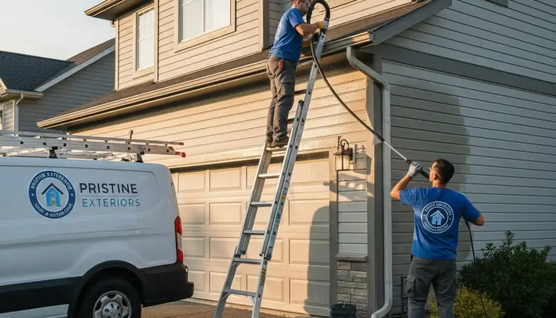 Technician performing gutter cleaning on vinyl siding home in Colorado Springs CO