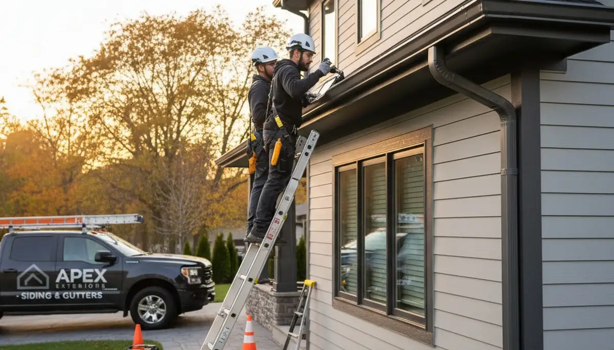 Technician performing gutter inspection on vinyl siding home in Colorado Springs, CO