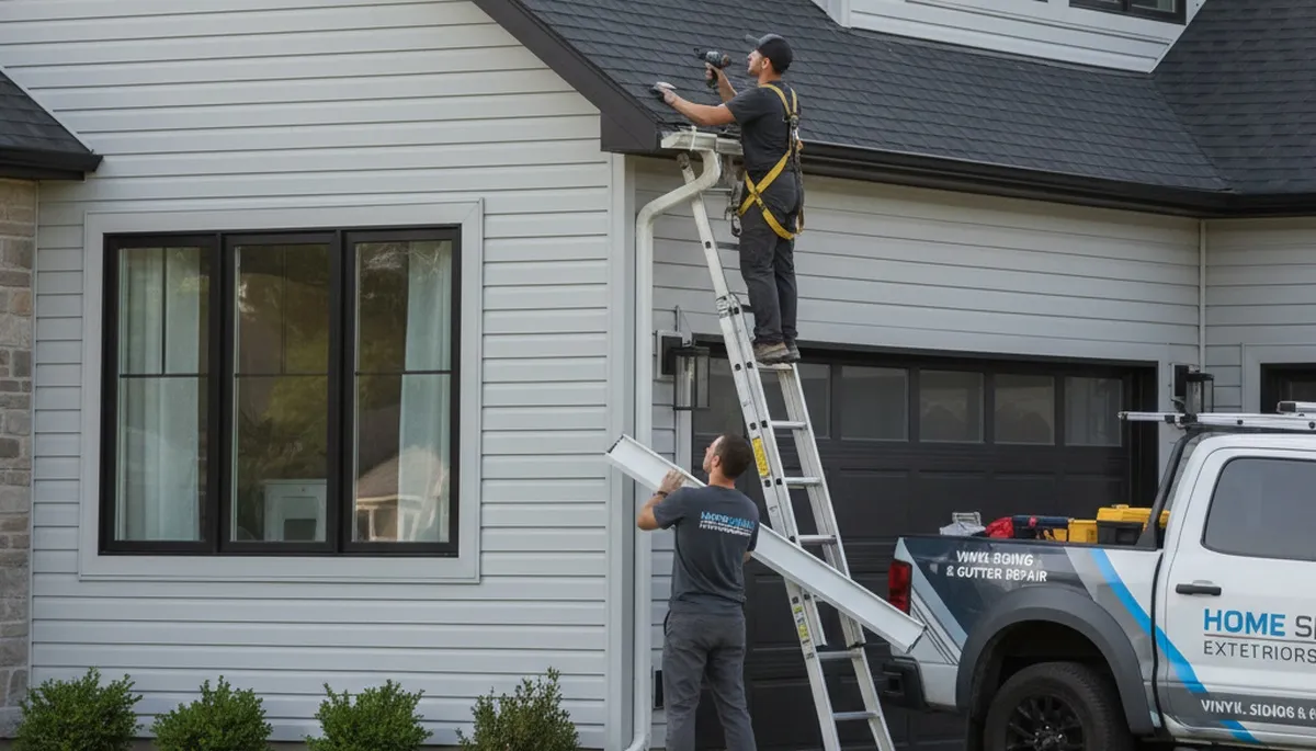 Technician repairing gutters on vinyl-sided home in Colorado Springs, CO