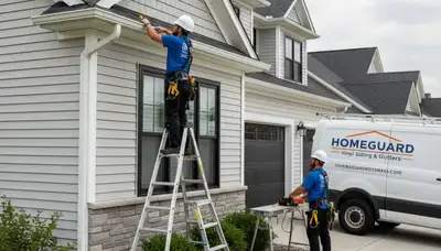 Technician repairing home gutters and vinyl siding in Colorado Springs, CO for Next Level Exteriors