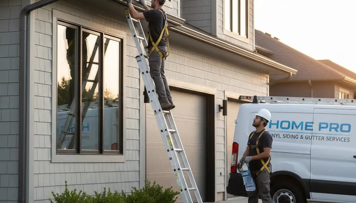 Technician repairing residential gutters in Colorado Springs, CO for vinyl siding home exterior maintenance