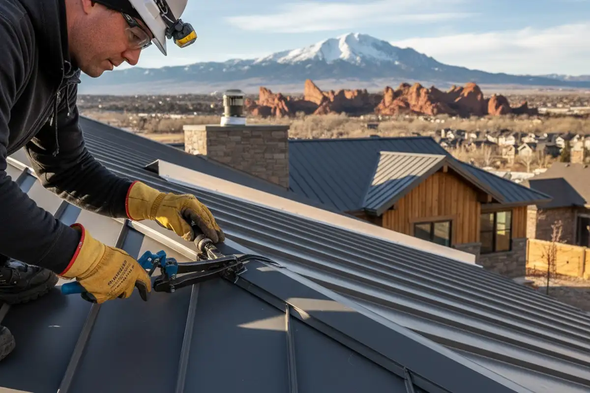 Technician sealing metal roof flashing with precision at Colorado Springs home by Next Level Exteriors