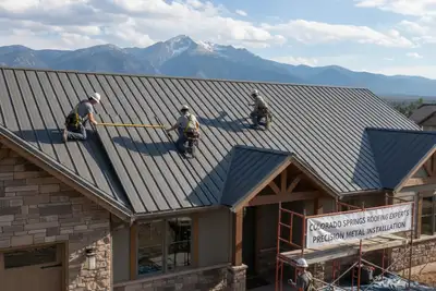 Technicians installing durable metal roofing panels on a Colorado Springs, CO home exterior