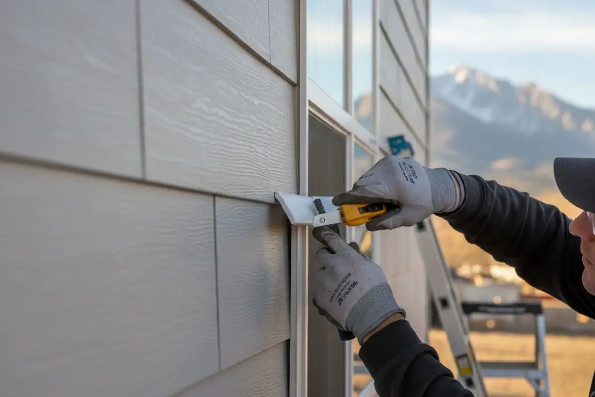 Technician detailing vinyl siding seams and trim during installation in Colorado Springs, CO