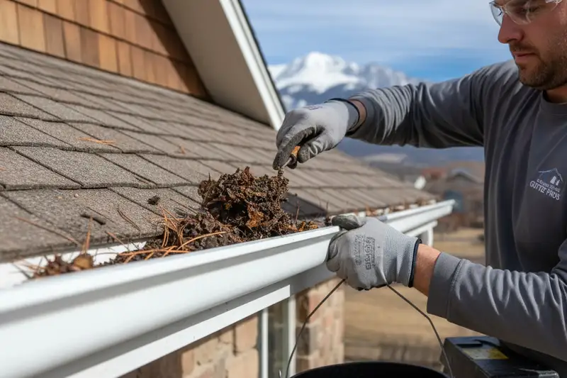 Technician performing detailed gutter cleaning at Colorado Springs home for vinyl siding protection