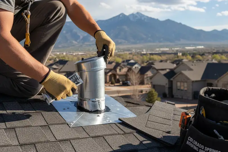 Roofing technician performing detailed roof flashing installation in Colorado Springs CO