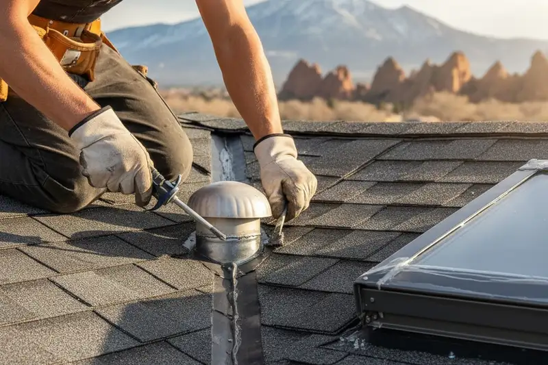 Technician performing precise roof repair detail work at Colorado Springs home by vinyl siding experts
