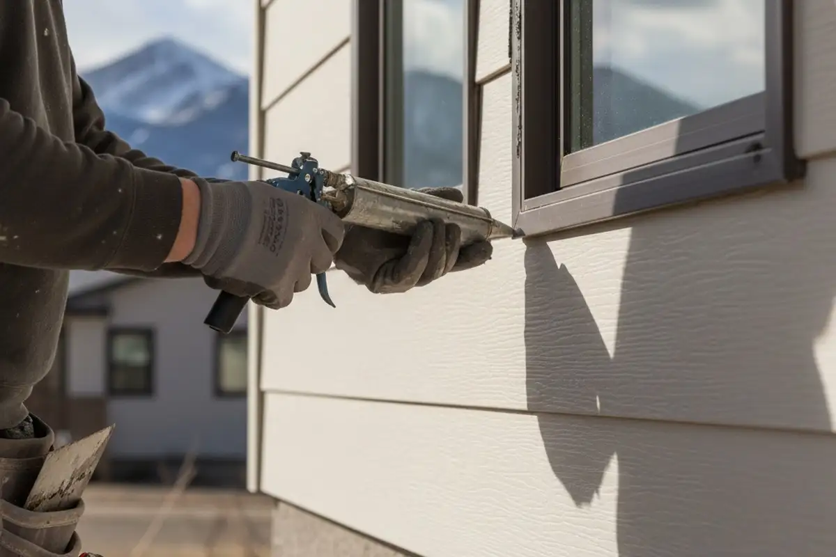 Technician sealing vinyl siding seams during precision repair in Colorado Springs, CO