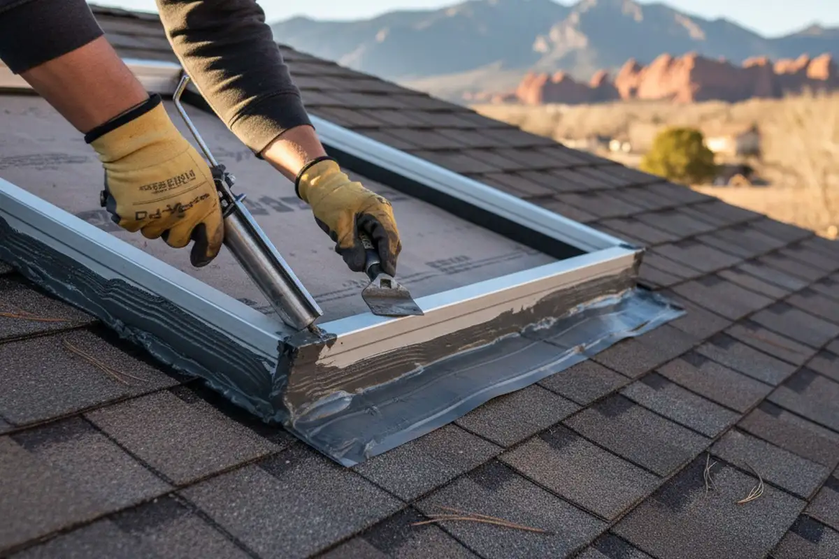 Technician sealing skylight frame for waterproof roofing integration in Colorado Springs, CO