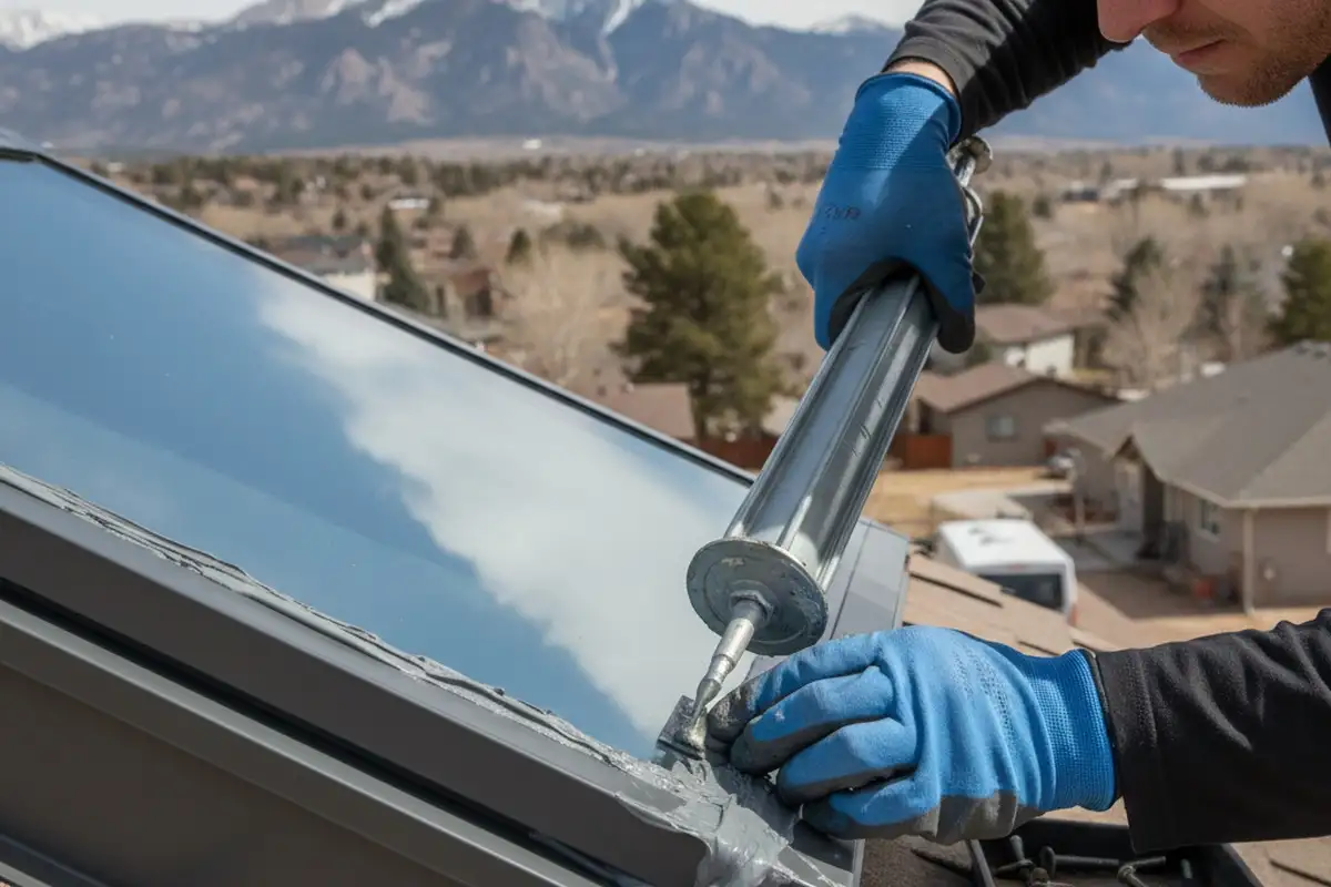 Technician performing precise skylight seal repair at Colorado Springs home for Next Level Exteriors