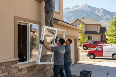 Technicians installing energy-efficient vinyl windows at a Colorado Springs, CO home exterior