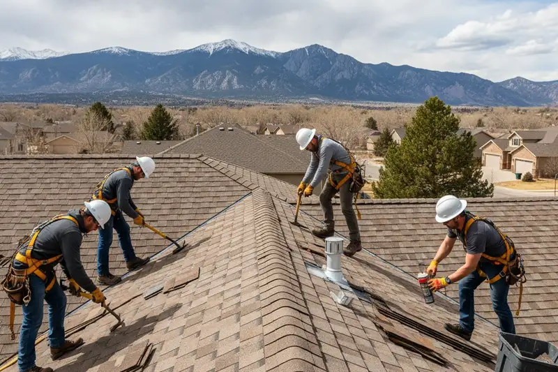 Technicians performing roof repair on Colorado Springs home with safety gear and professional tools