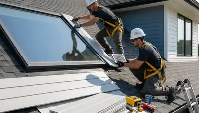 Technician repairing skylight on vinyl-sided roof in Colorado Springs, CO