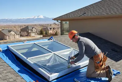 Technician performing skylight repair on Colorado Springs home exterior for vinyl siding service