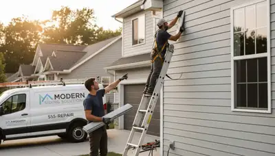 Technician repairing cracked vinyl siding on home exterior in Colorado Springs, CO