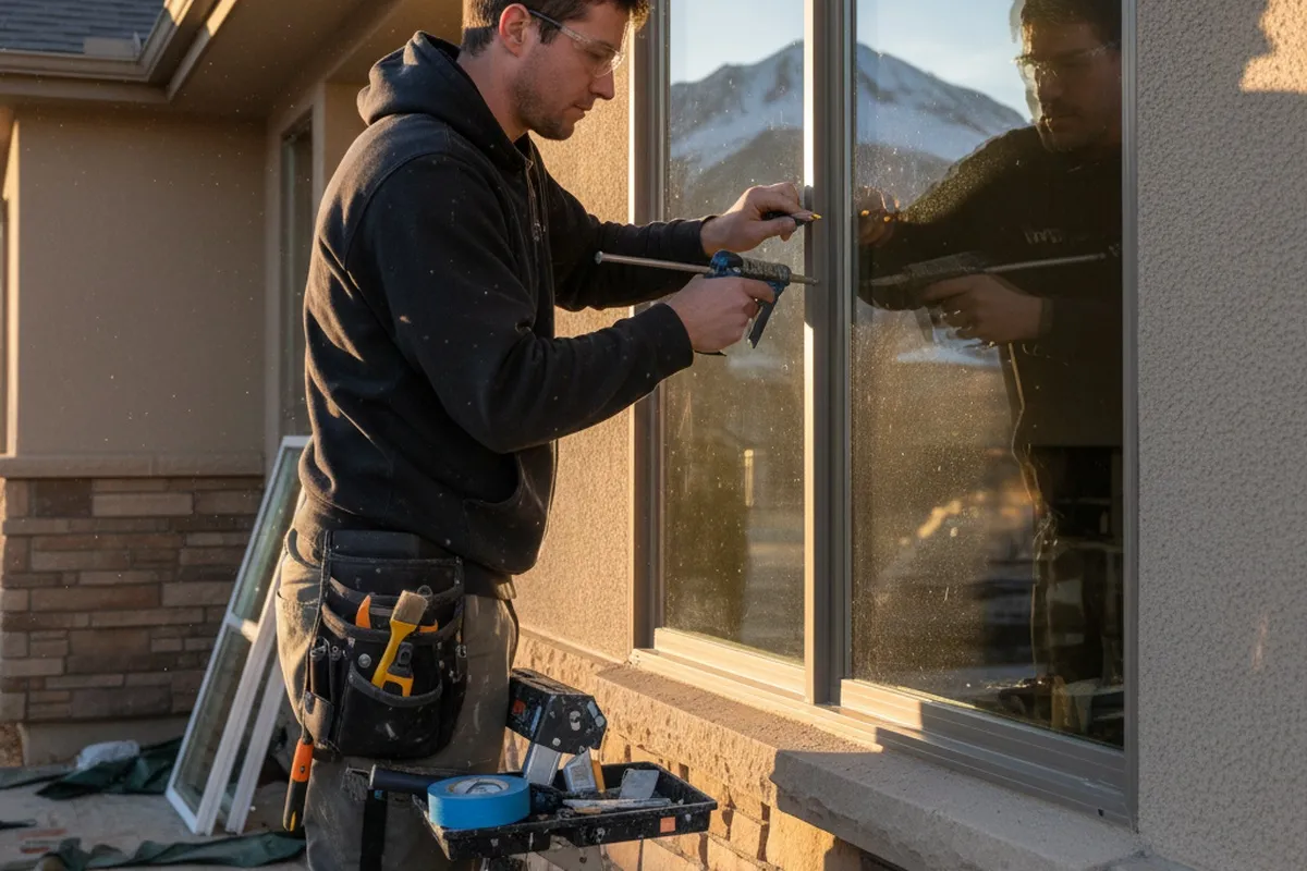 Technician caulking window trim during vinyl siding installation in Colorado Springs, CO