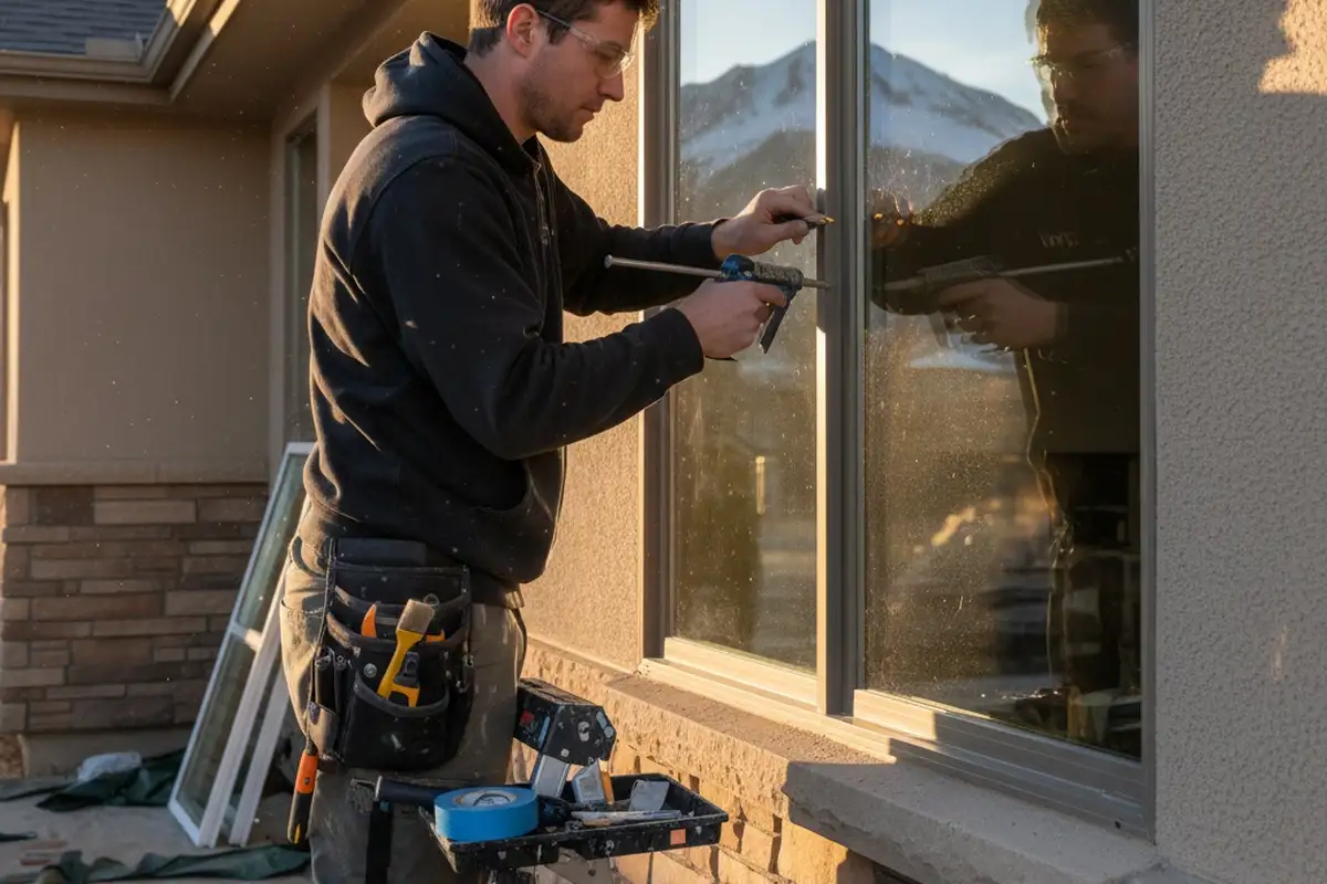 Technician caulking window trim during vinyl siding installation in Colorado Springs, CO