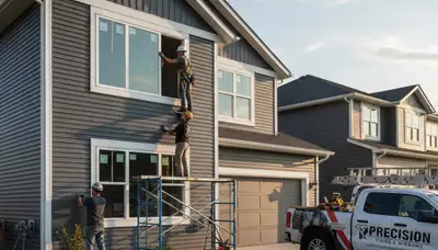 Technician repairing home window frame with vinyl siding in Colorado Springs, CO